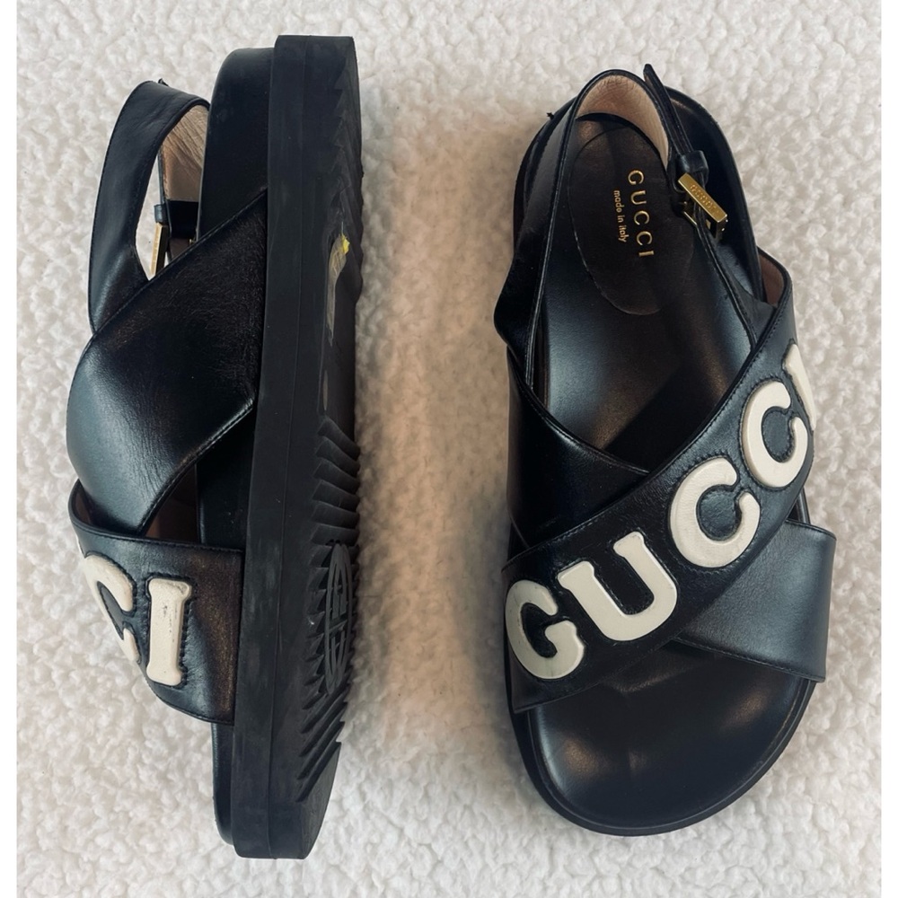 GUCCI • Black Ornella Logo Appliqué Crossover Leather Slingback Sandals, 8.5 - Picture 2 of 16